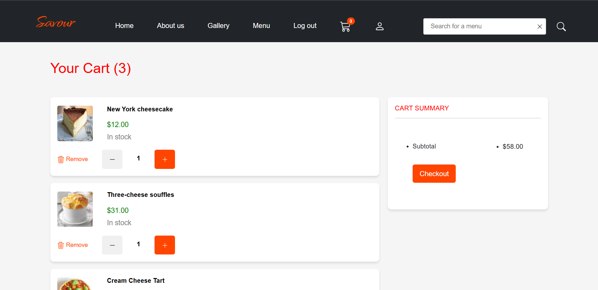 Screenshot of a user cart