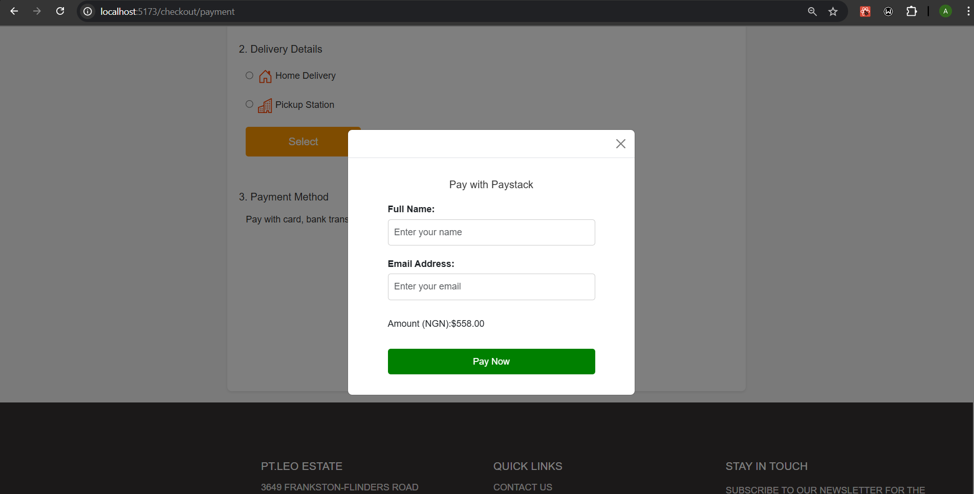 Checkout page with paystack payment gateway