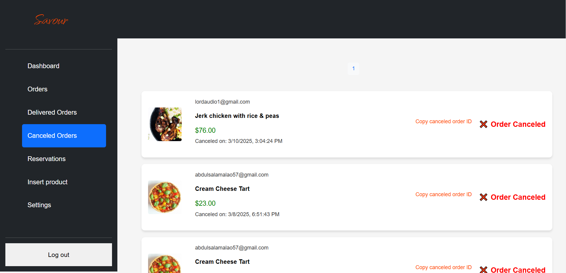 Admin Canceled orders page
