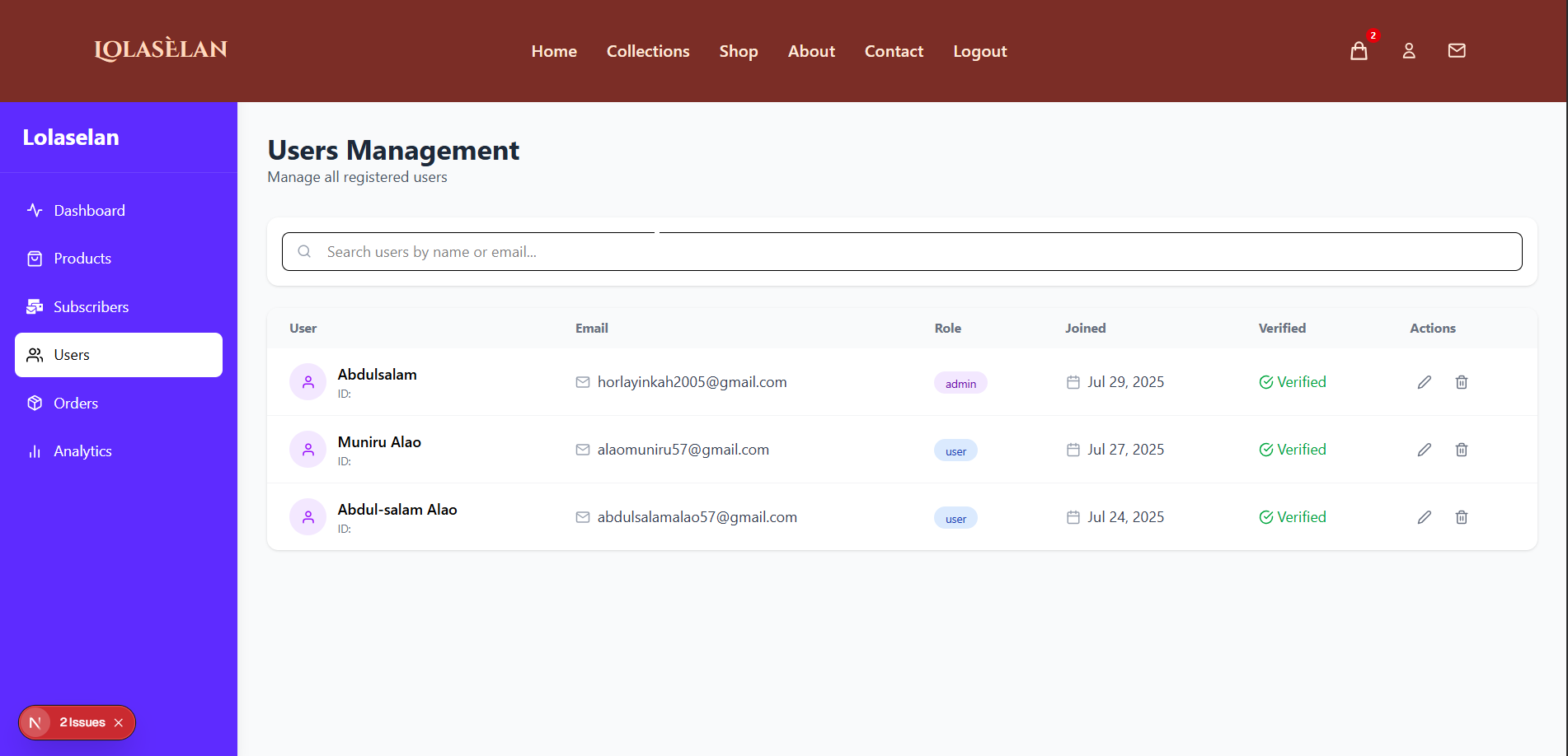 Users page of the admin management system