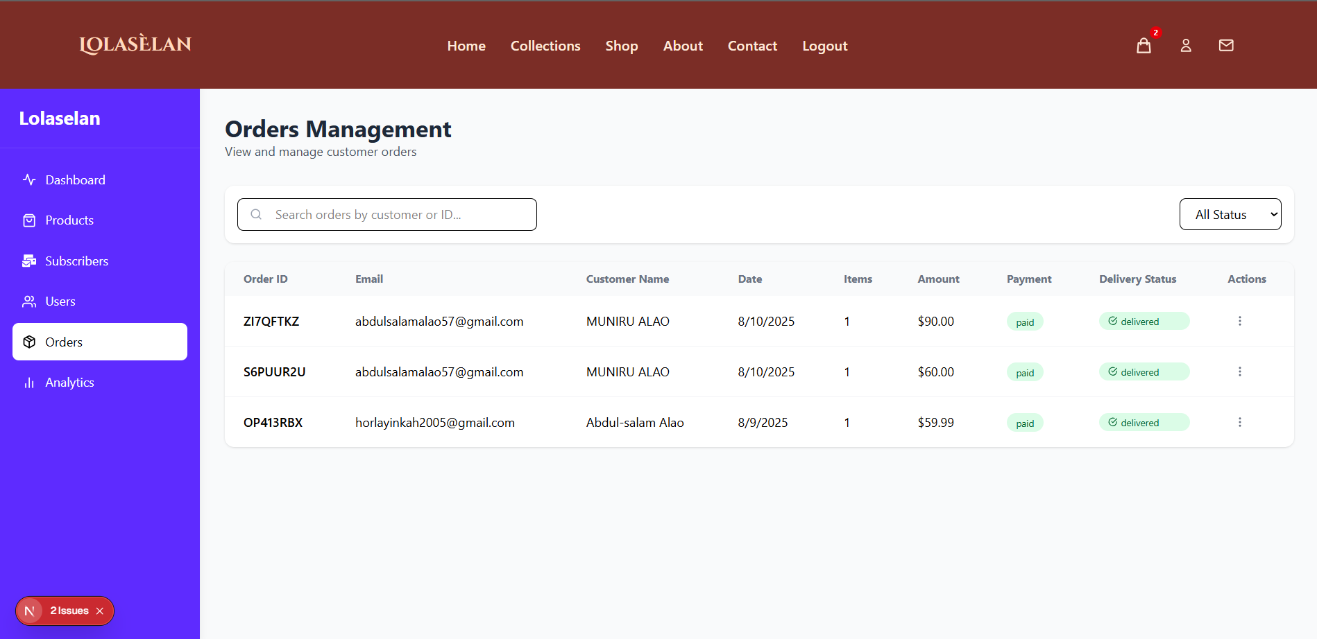 Orders page of the admin page