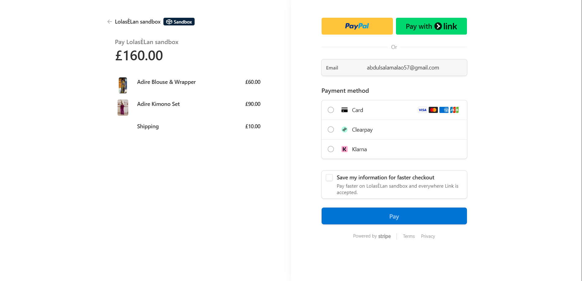 Stripe checkout page