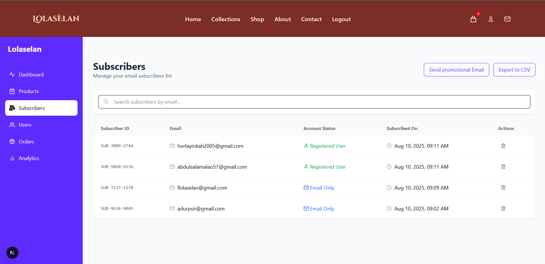 Subscribers page of the admin management system